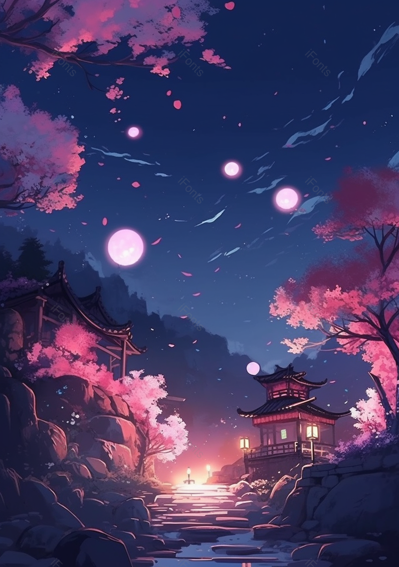 夏夜月亮下粉红色的樱花桃花飘落,插画/手绘图,插画/手绘图库,插画/手绘图下载,插画/手绘